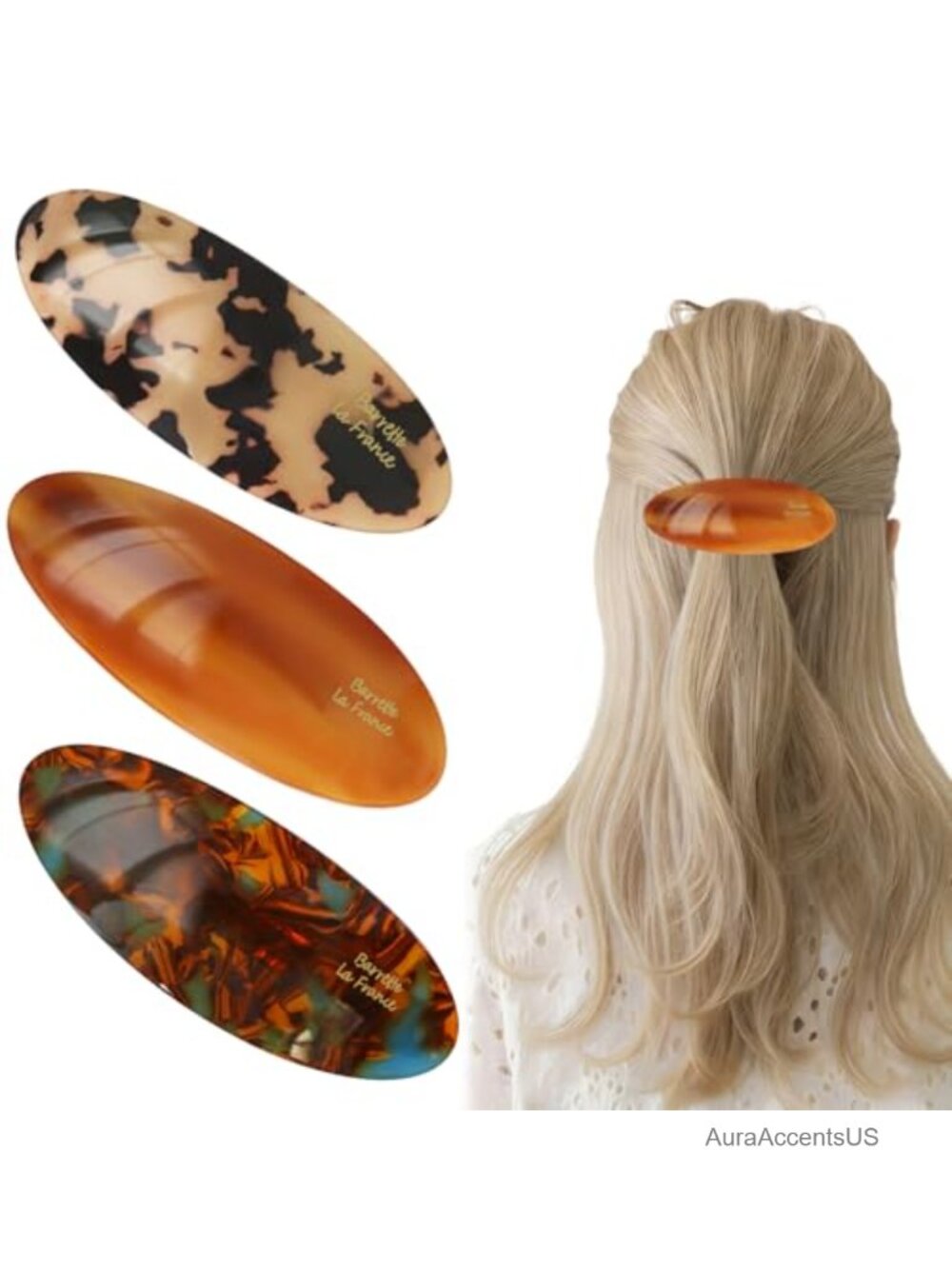 Set of 3 French Tortoise Shell Large Acetate Snap Hair Barrettes for Thick Hair